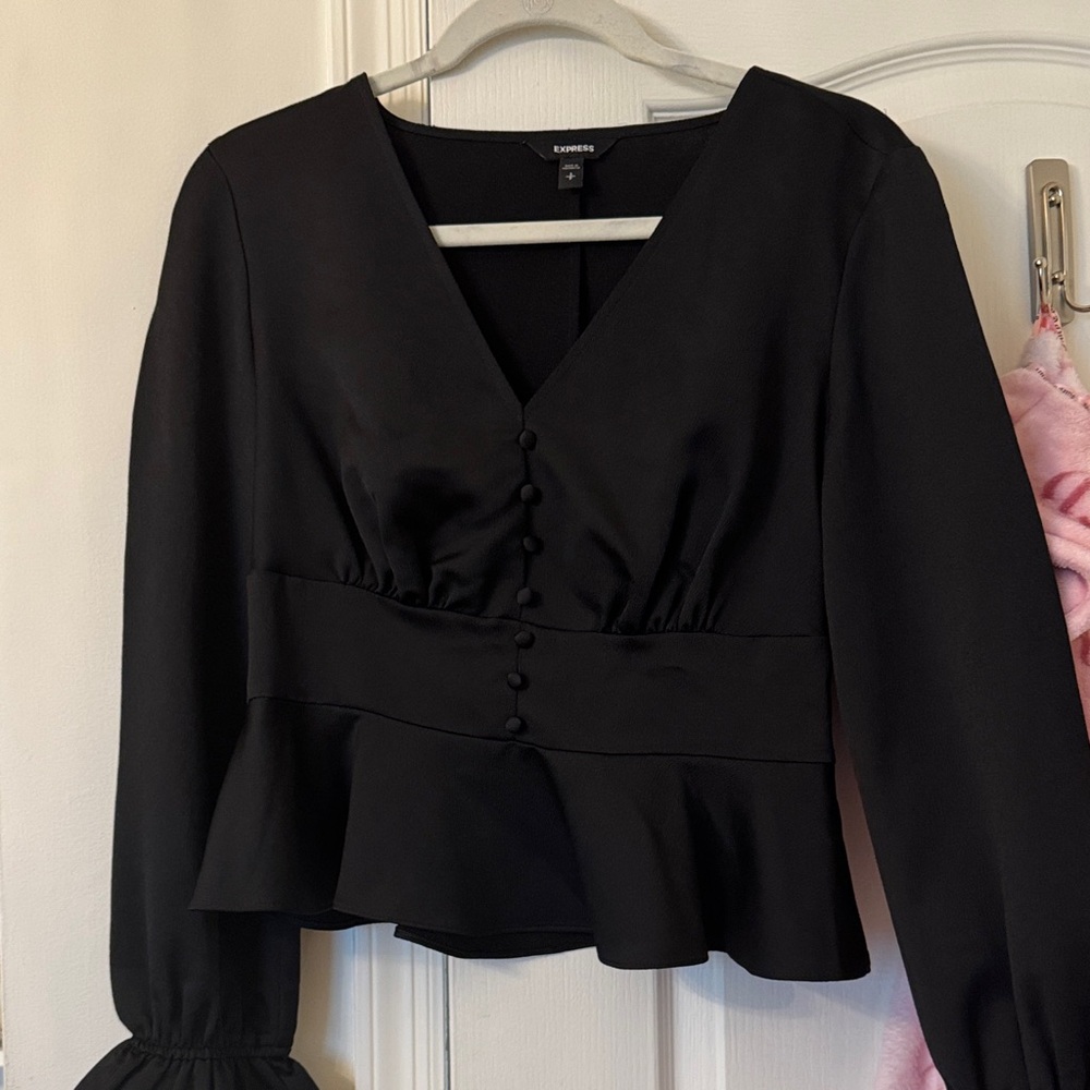 Express Black V-Neck Blouse with Button Accents